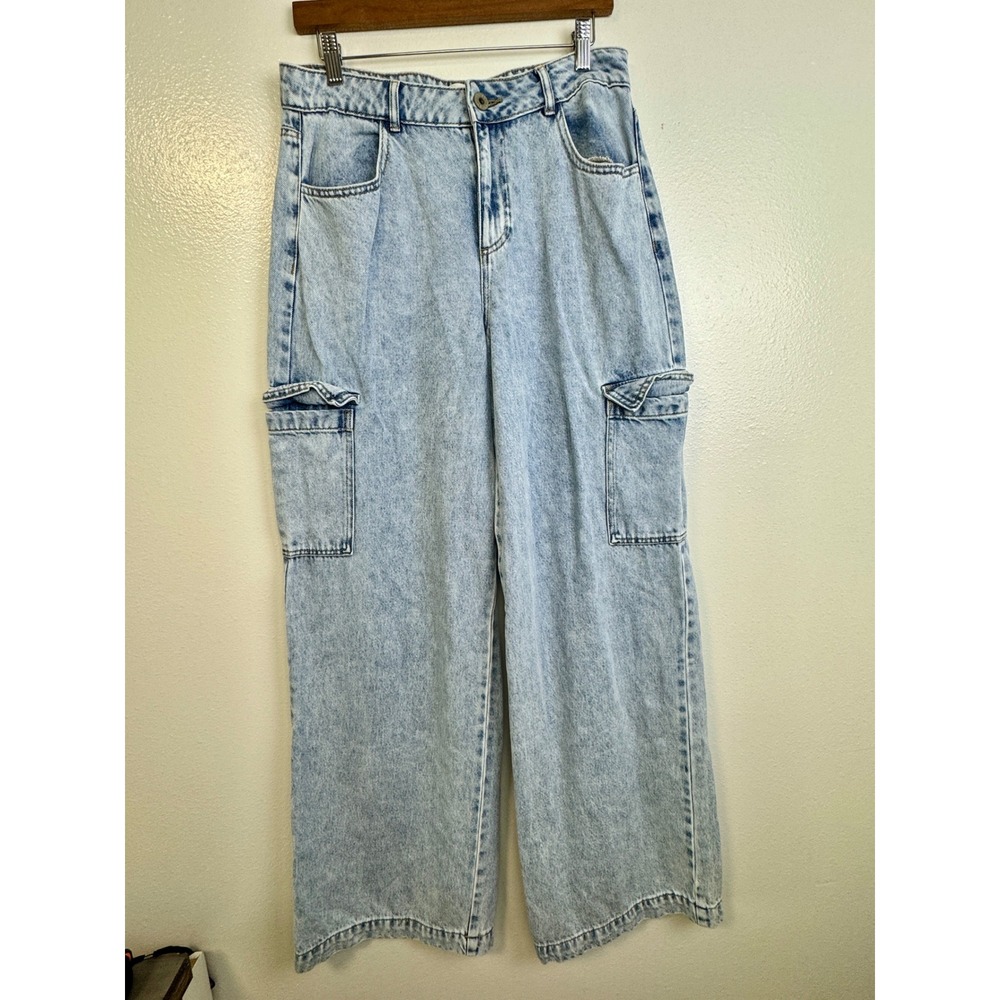 Every Light Wash Wide Leg Cargo Jeans High Rise Light Blue Size 10 Tall Long